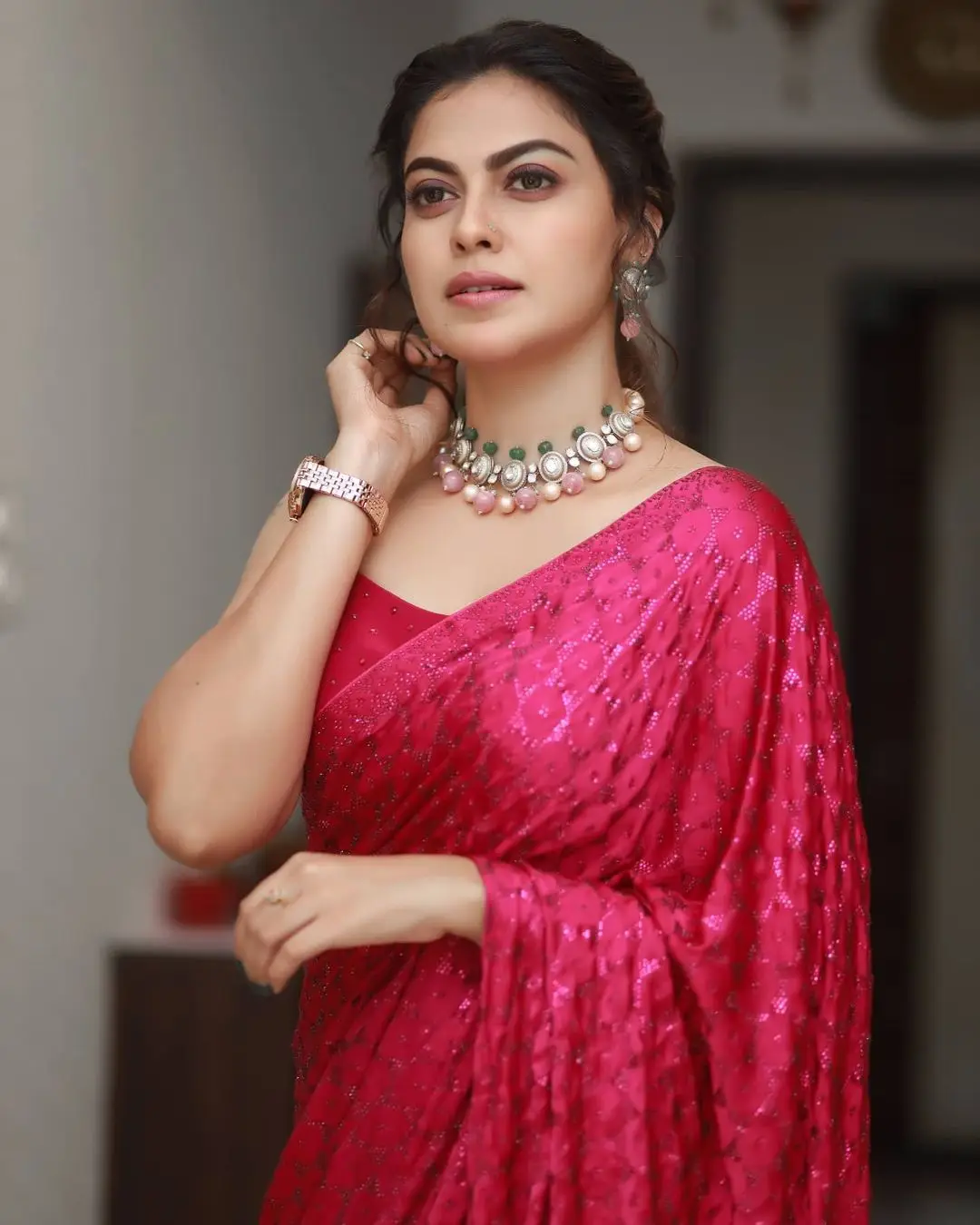 Malayalam Actress Anusree Nair in Maroon Saree Sleeveless Blouse